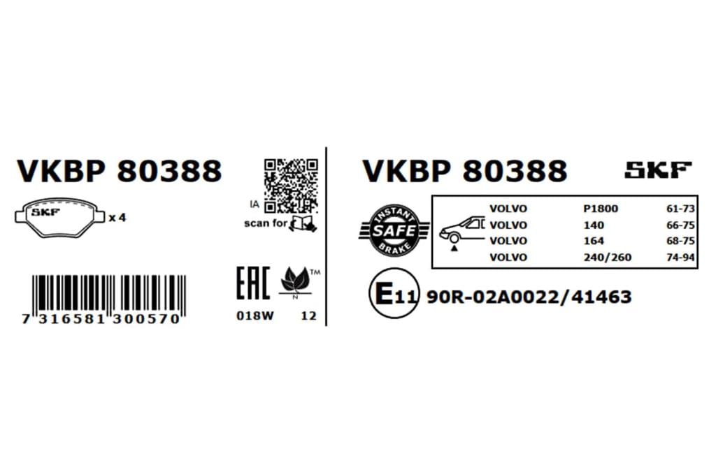 Jogo de 4 pastilhas de travão SKF ref. VKBP 80388